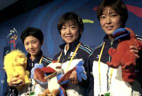 Japanese marathon trio meets press, Olympic mascots